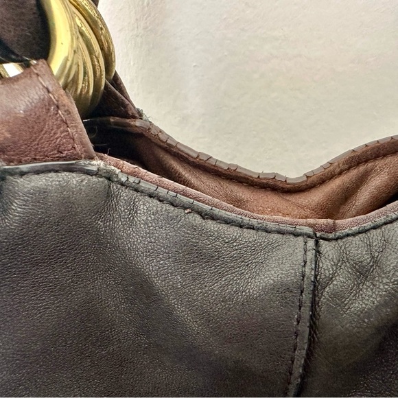 Kooba Black Leather Hobo Slouch Bag GUC Brass Rings Drawstring BIG! - Picture 9 of 15